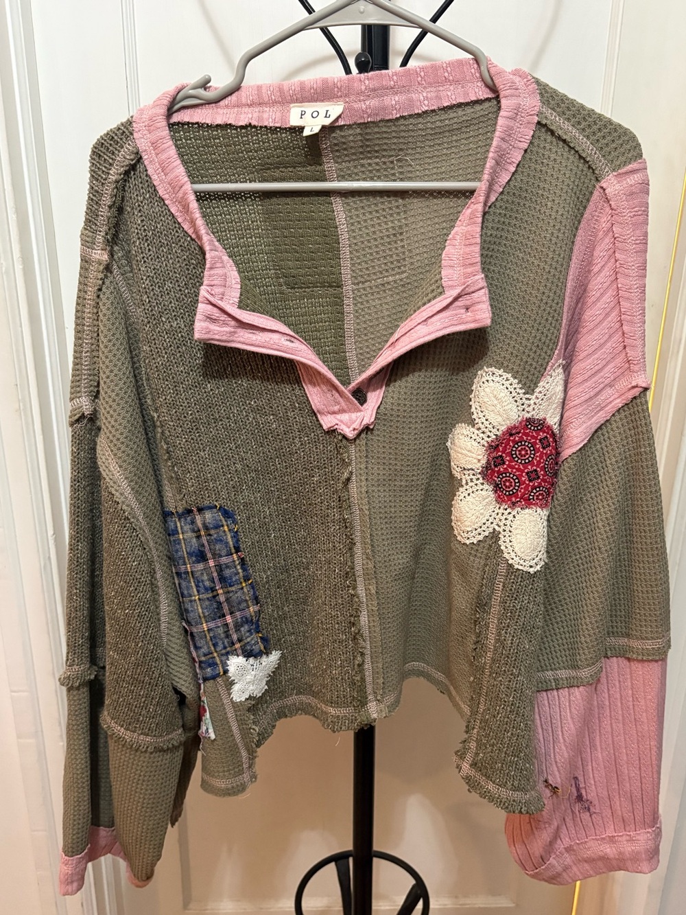 POL Autumn Brunch Waffle Knit Henley Top Size Large - Picture 3 of 5